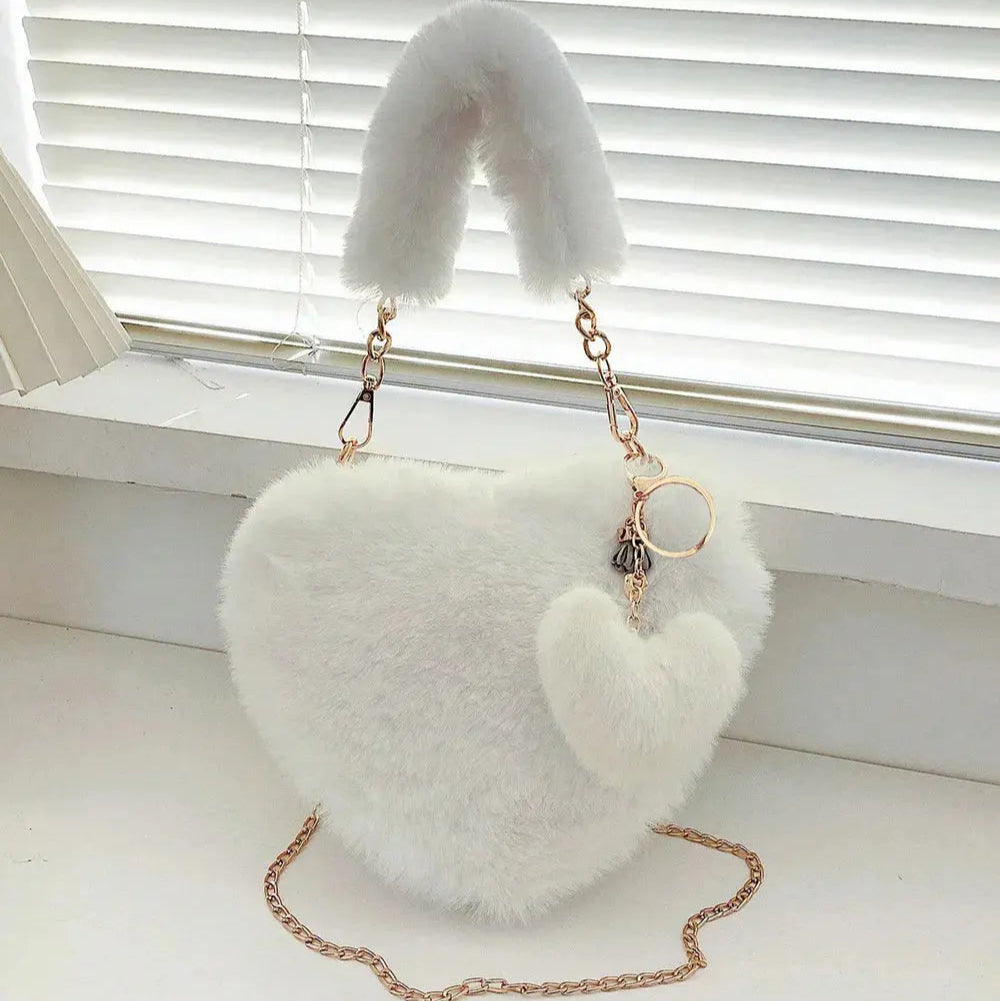 Heart Shape Faux Fur Handbag Trendsi