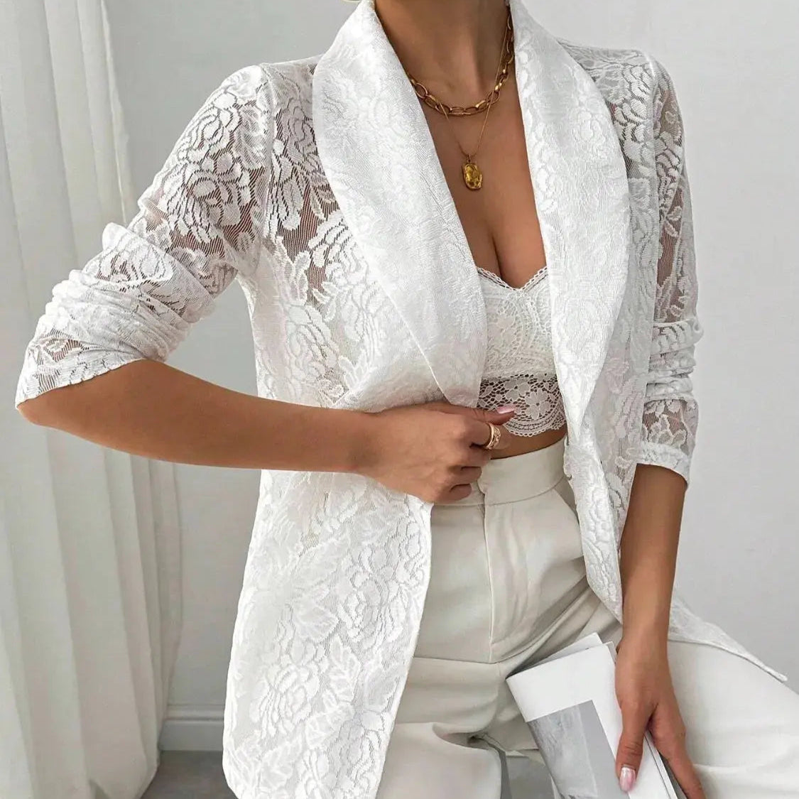 Lace Lapel Collar Long Sleeve Blazer Trendsi