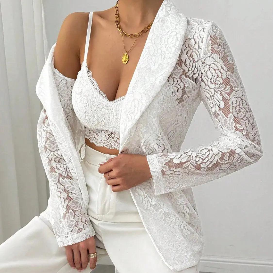 Lace Lapel Collar Long Sleeve Blazer Trendsi