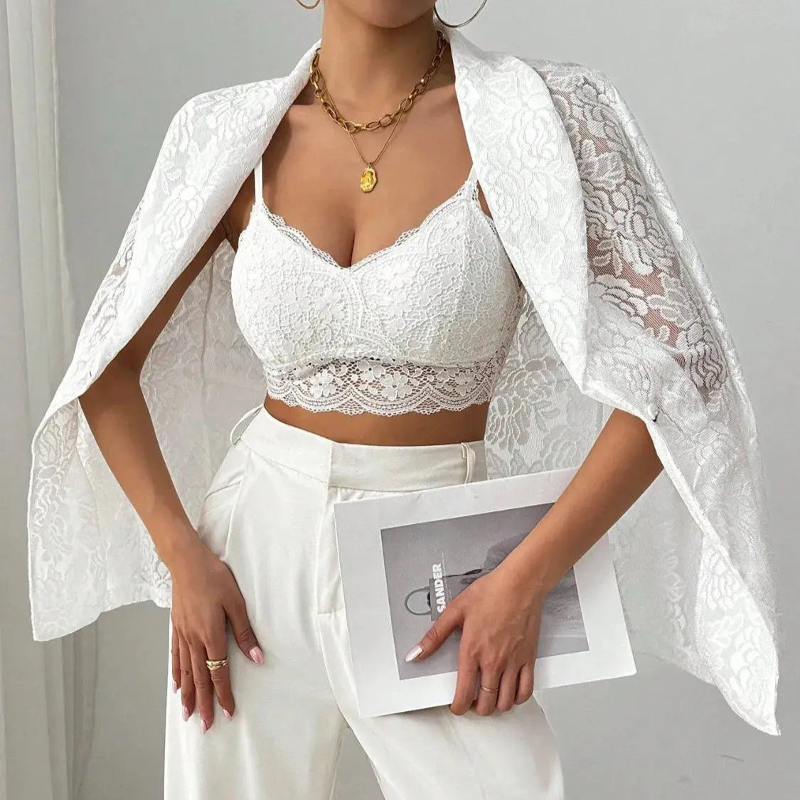 Lace Lapel Collar Long Sleeve Blazer Trendsi