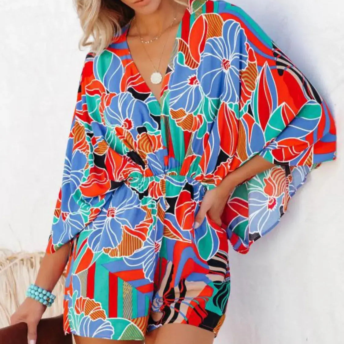 Oversized Tied Back Printed Romper Trendsi