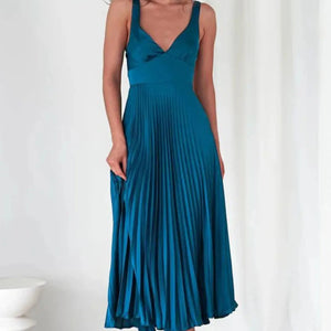 Pleated Backless V-Neck Midi Cami Dress Trendsi