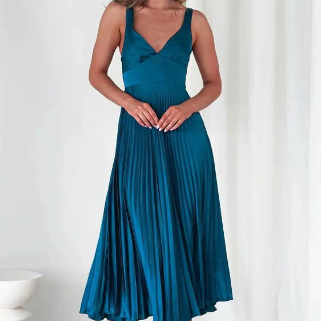 Pleated Backless V-Neck Midi Cami Dress Trendsi
