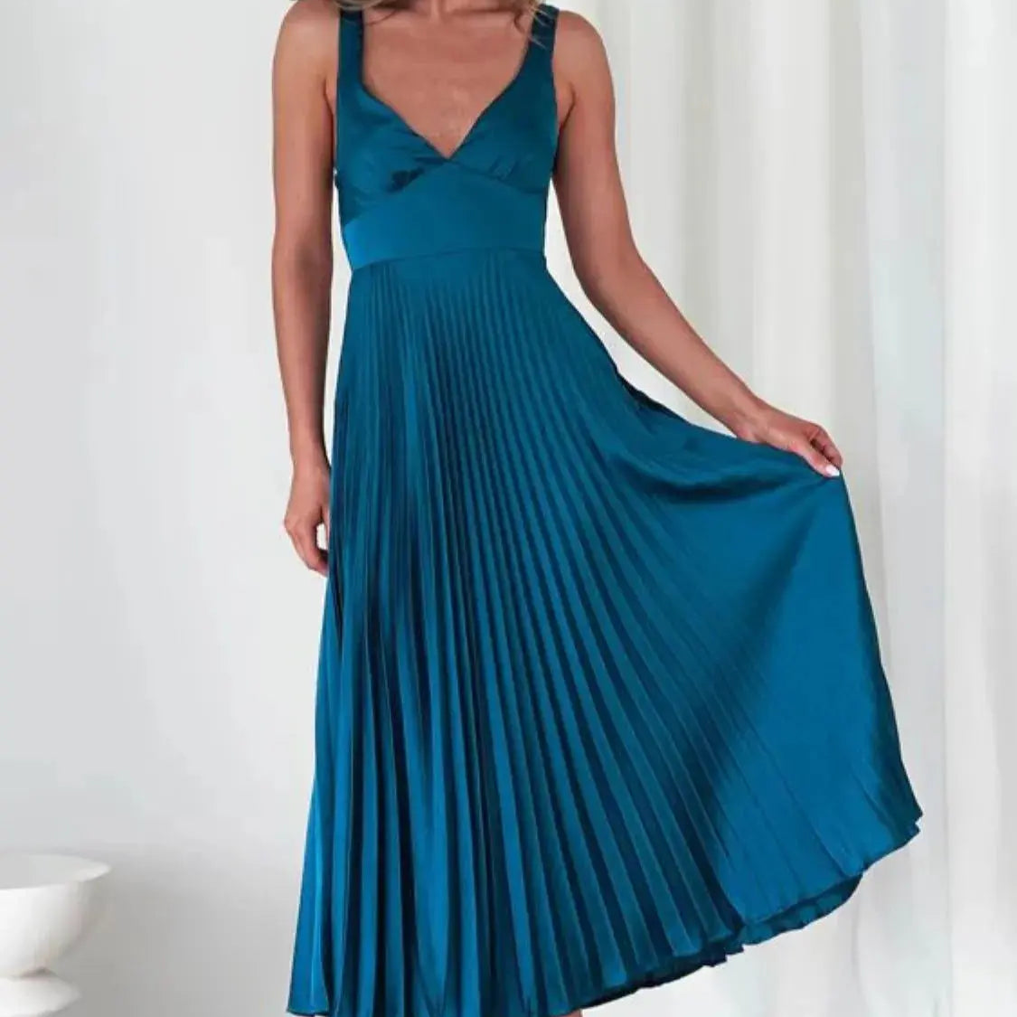 Pleated Backless V-Neck Midi Cami Dress Trendsi