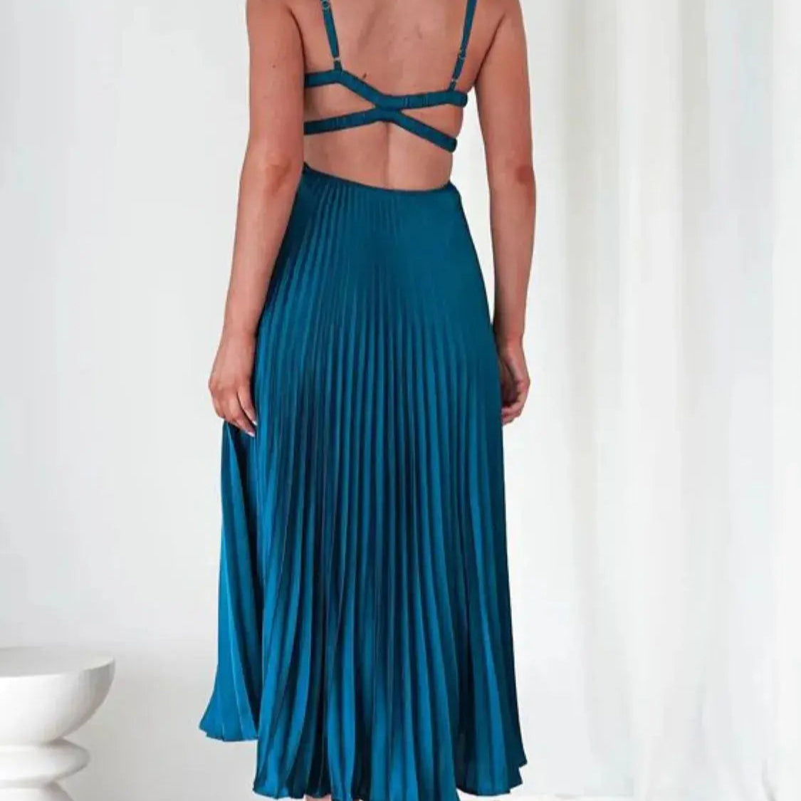 Pleated Backless V-Neck Midi Cami Dress Trendsi