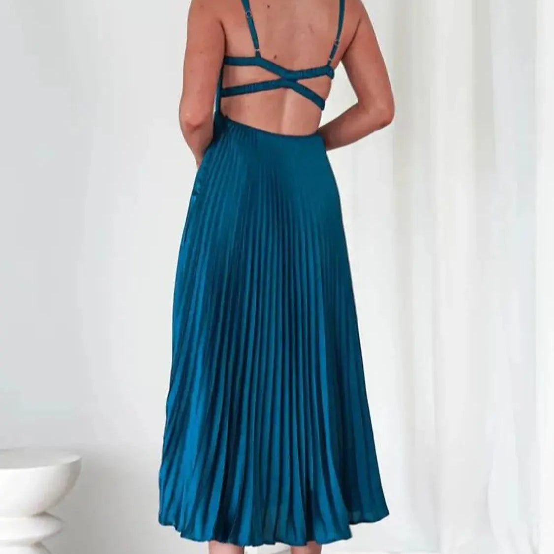 Pleated Backless V-Neck Midi Cami Dress Trendsi