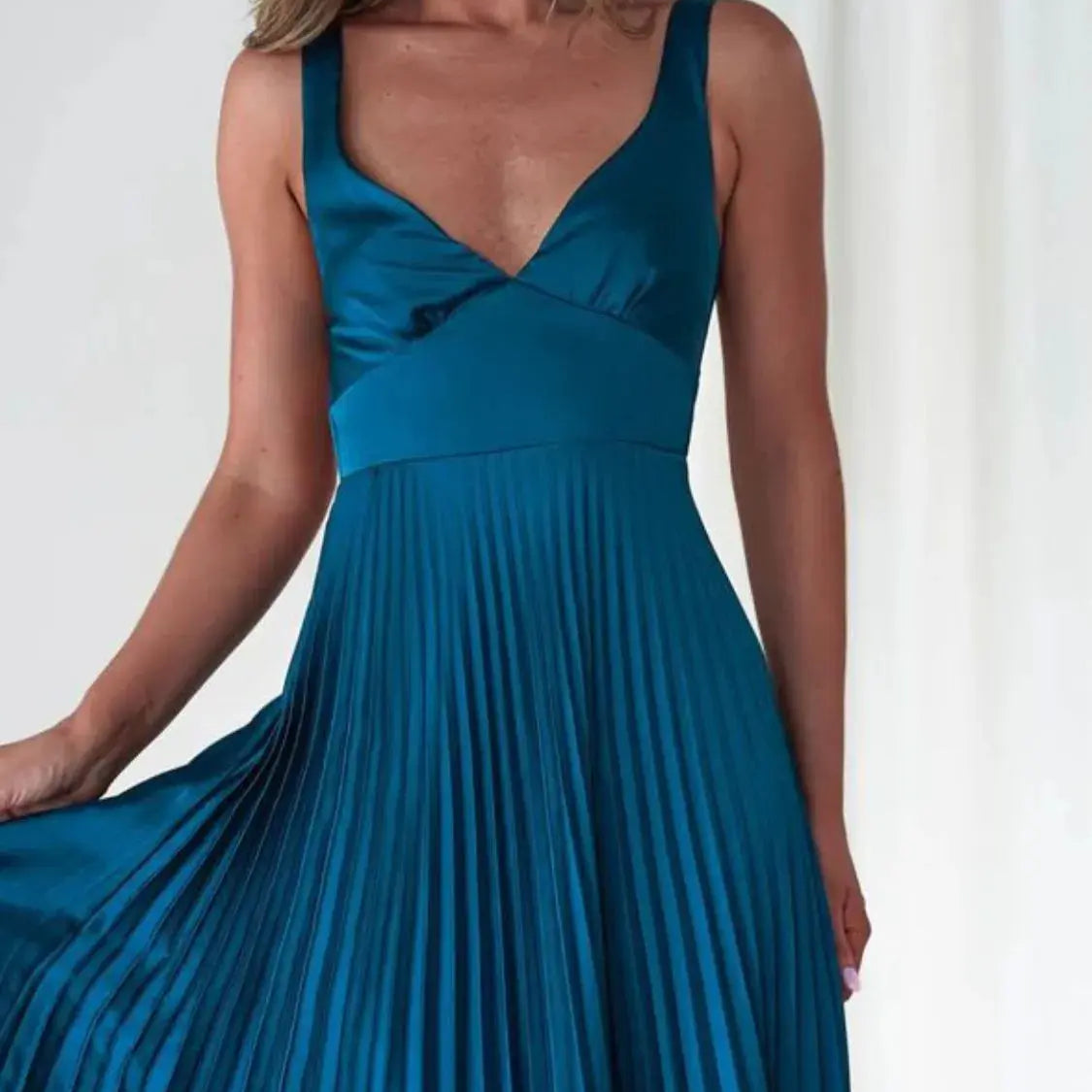 Pleated Backless V-Neck Midi Cami Dress Trendsi