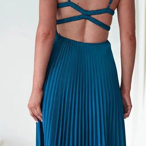Pleated Backless V-Neck Midi Cami Dress Trendsi