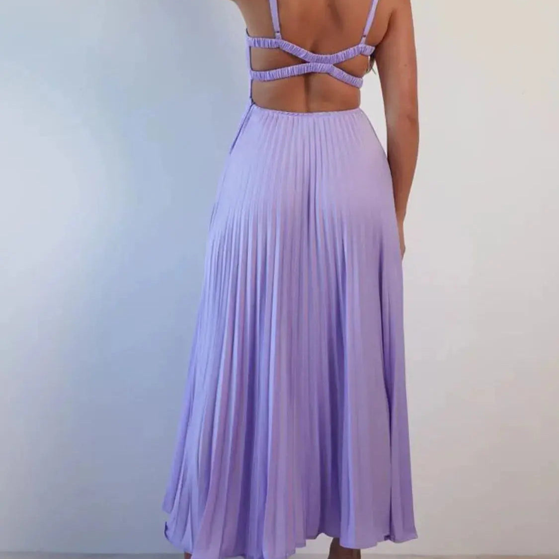 Pleated Backless V-Neck Midi Cami Dress Trendsi