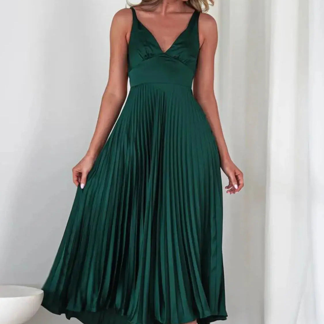 Pleated Backless V-Neck Midi Cami Dress Trendsi