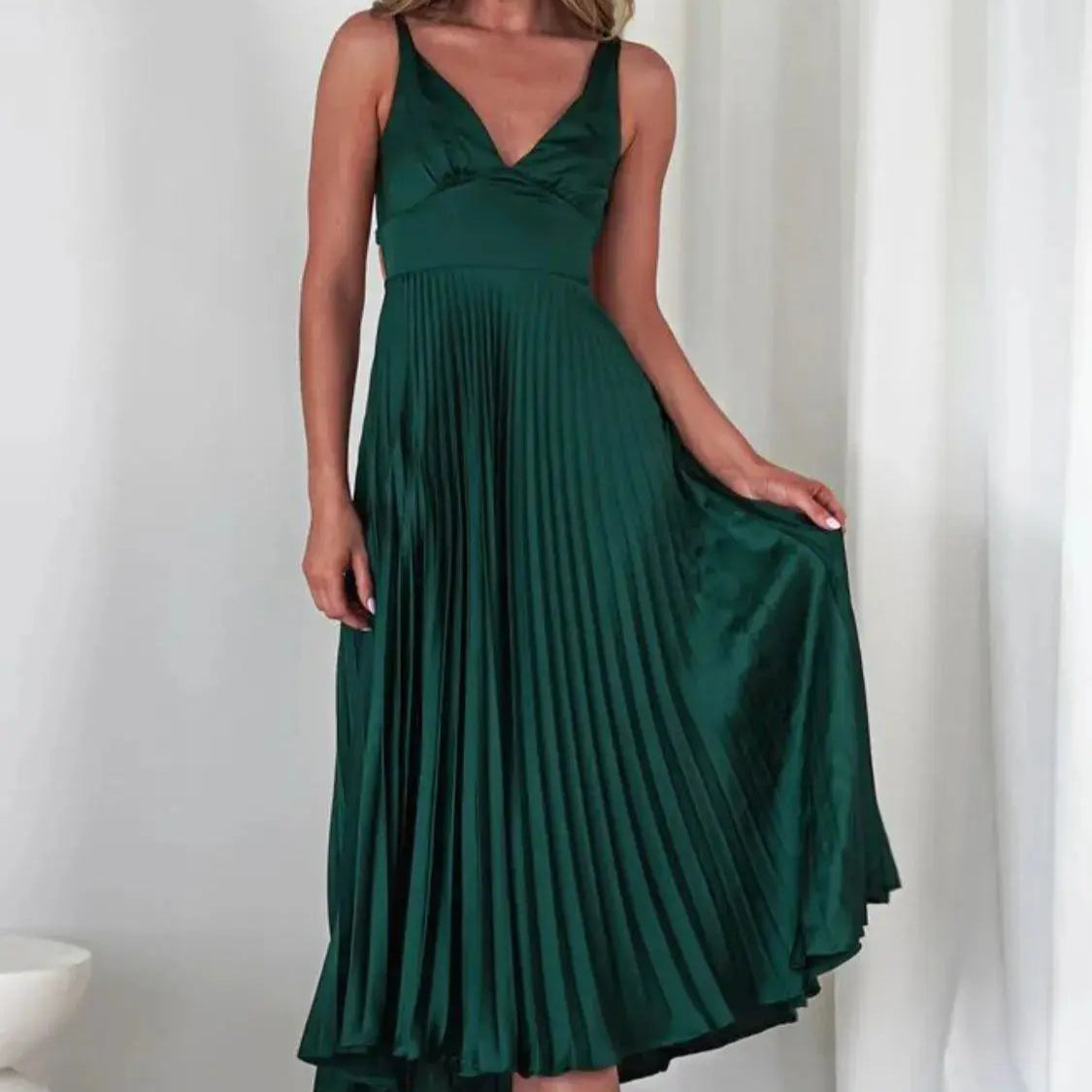 Pleated Backless V-Neck Midi Cami Dress Trendsi