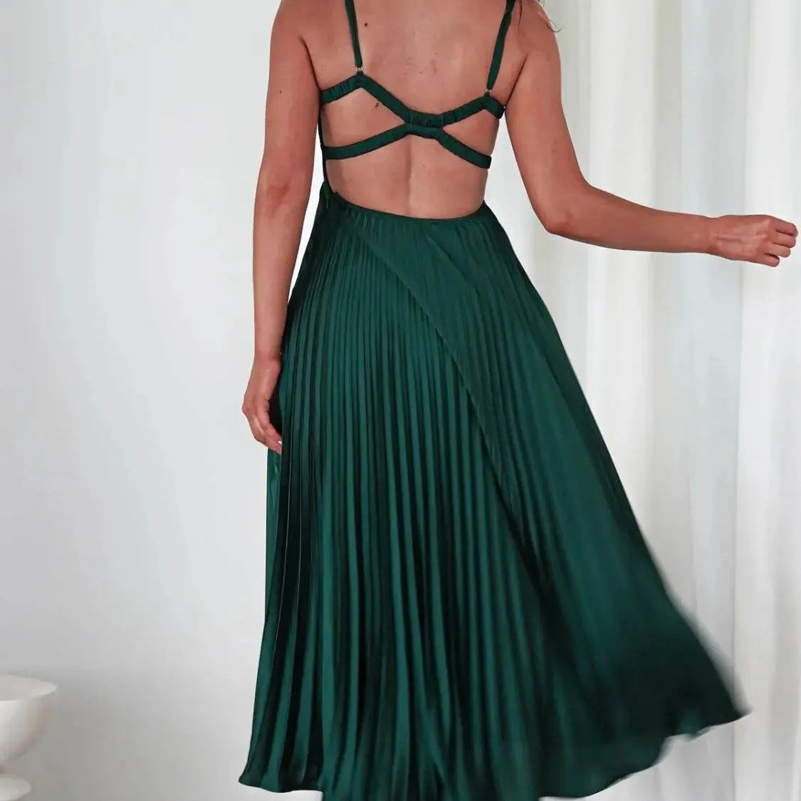 Pleated Backless V-Neck Midi Cami Dress Trendsi