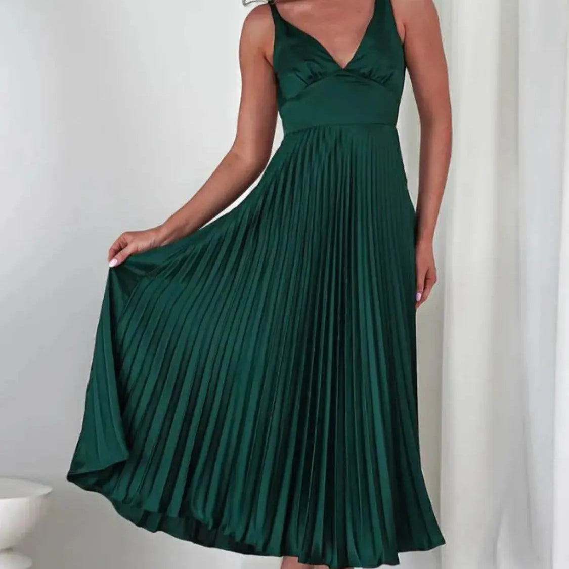Pleated Backless V-Neck Midi Cami Dress Trendsi
