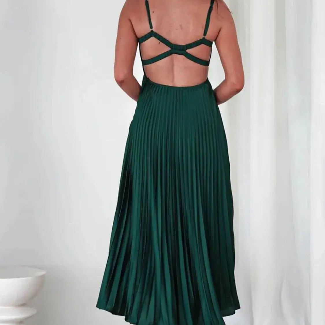 Pleated Backless V-Neck Midi Cami Dress Trendsi