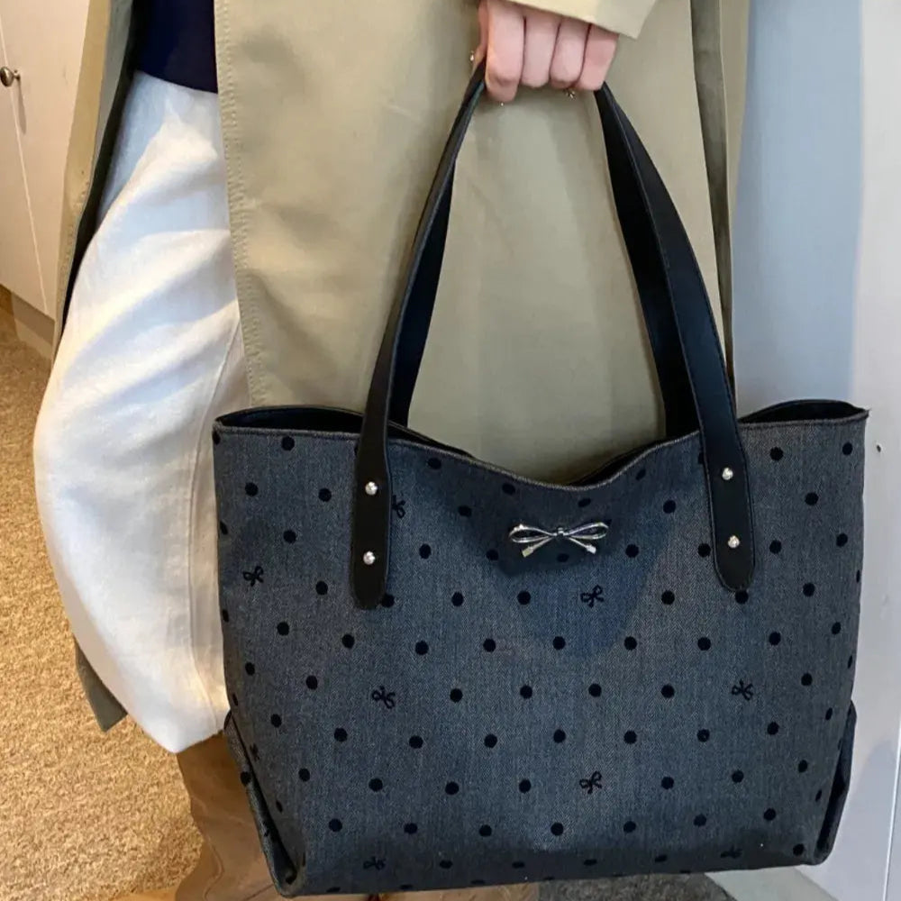 Polyester Bow Polka Dot Tote Bag Trendsi