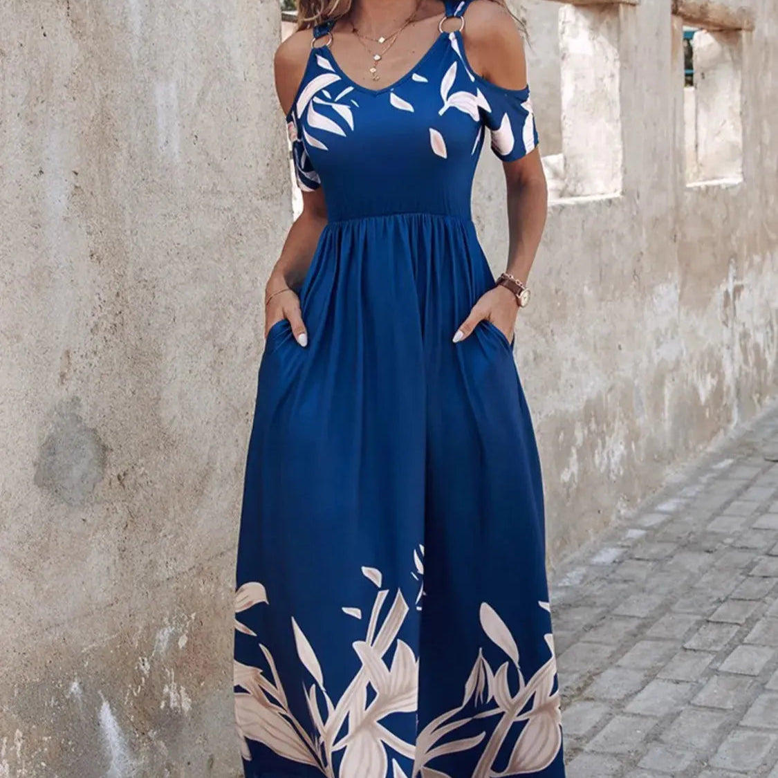 Printed Cold Shoulder Dress Trendsi