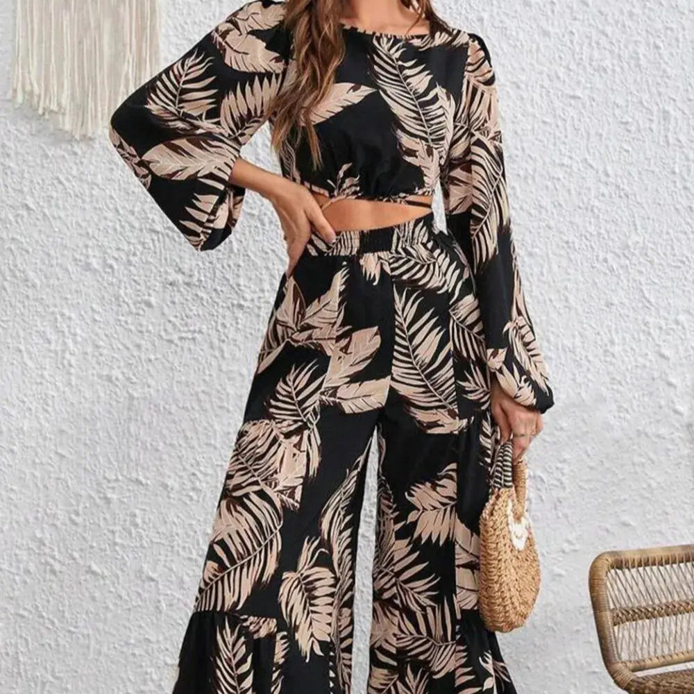 Printed Round Neck Long Sleeve Top and Pants Set Trendsi
