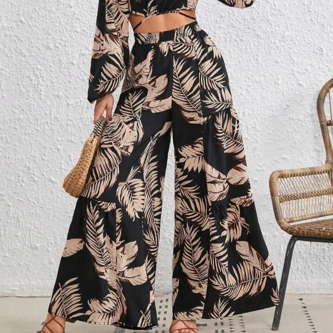 Printed Round Neck Long Sleeve Top and Pants Set Trendsi
