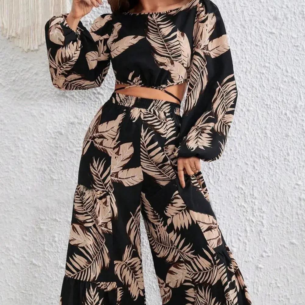Printed Round Neck Long Sleeve Top and Pants Set Trendsi