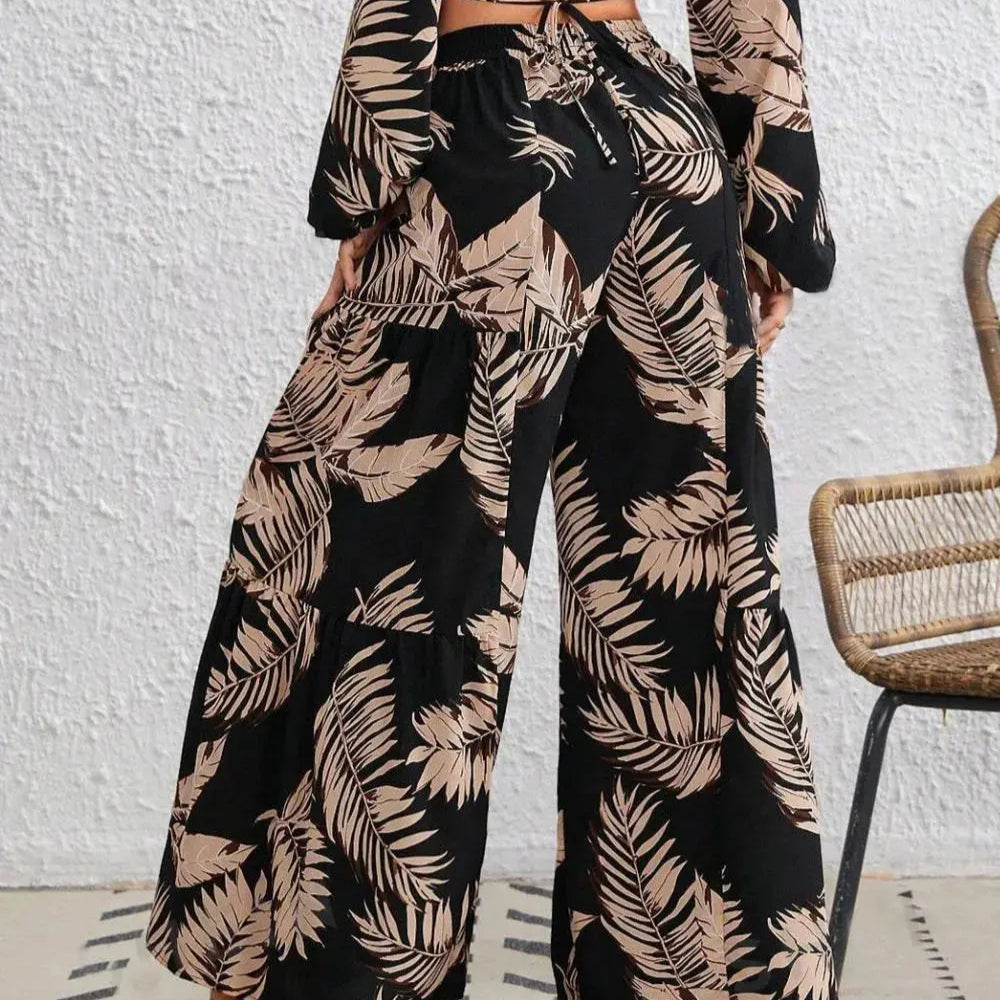 Printed Round Neck Long Sleeve Top and Pants Set Trendsi