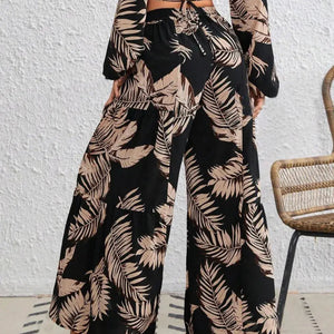 Printed Round Neck Long Sleeve Top and Pants Set Trendsi