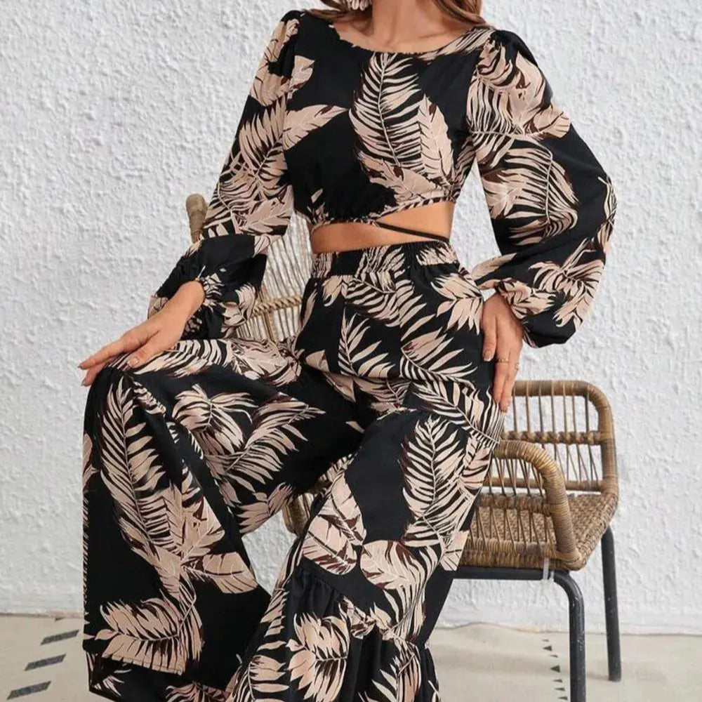 Printed Round Neck Long Sleeve Top and Pants Set Trendsi