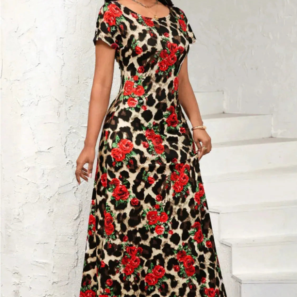 Printed Round Neck Short Sleeve Maxi Tee Dress Trendsi