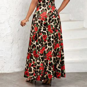 Printed Round Neck Short Sleeve Maxi Tee Dress Trendsi