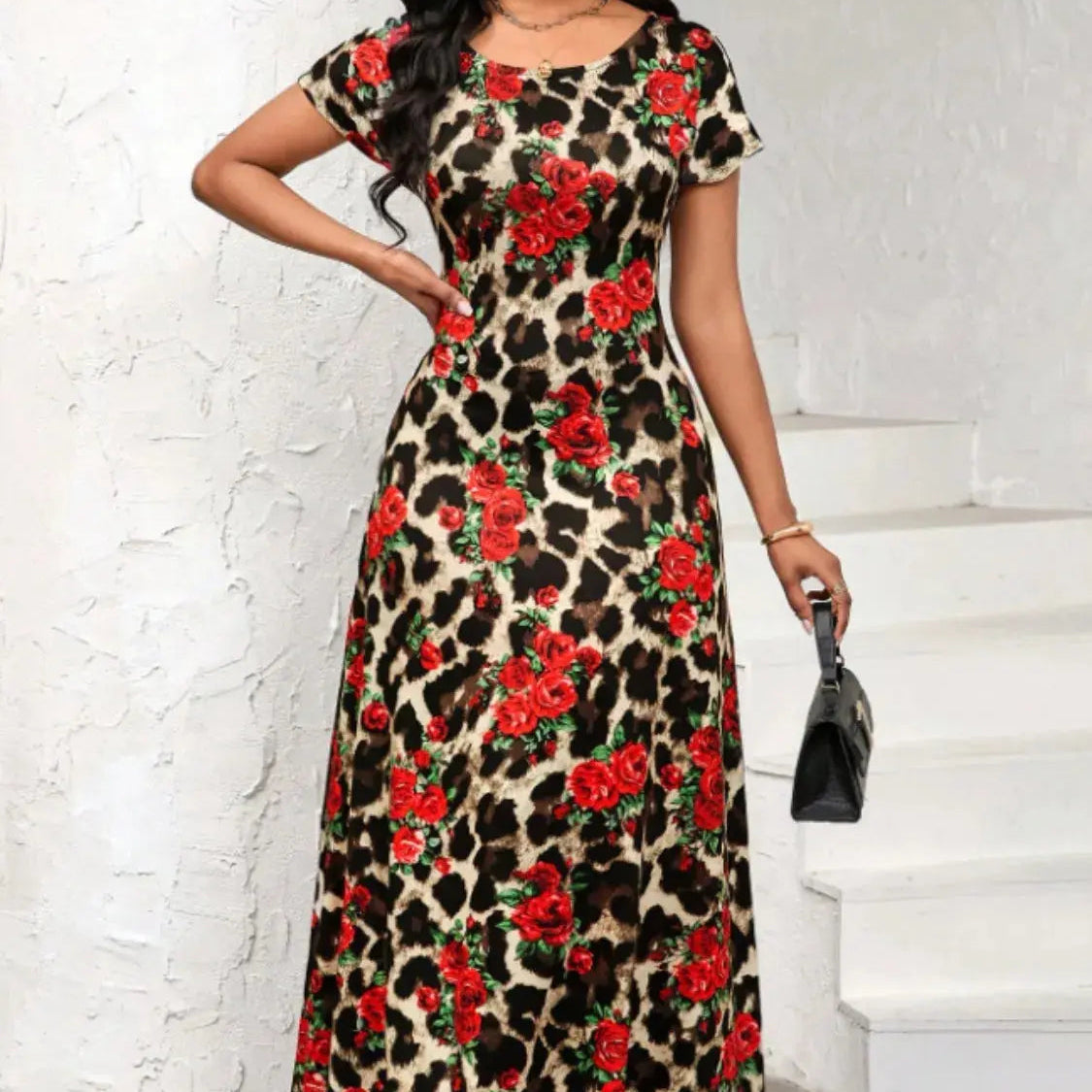 Printed Round Neck Short Sleeve Maxi Tee Dress Trendsi
