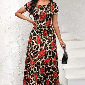Printed Round Neck Short Sleeve Maxi Tee Dress Trendsi