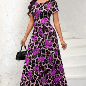 Printed Round Neck Short Sleeve Maxi Tee Dress Trendsi