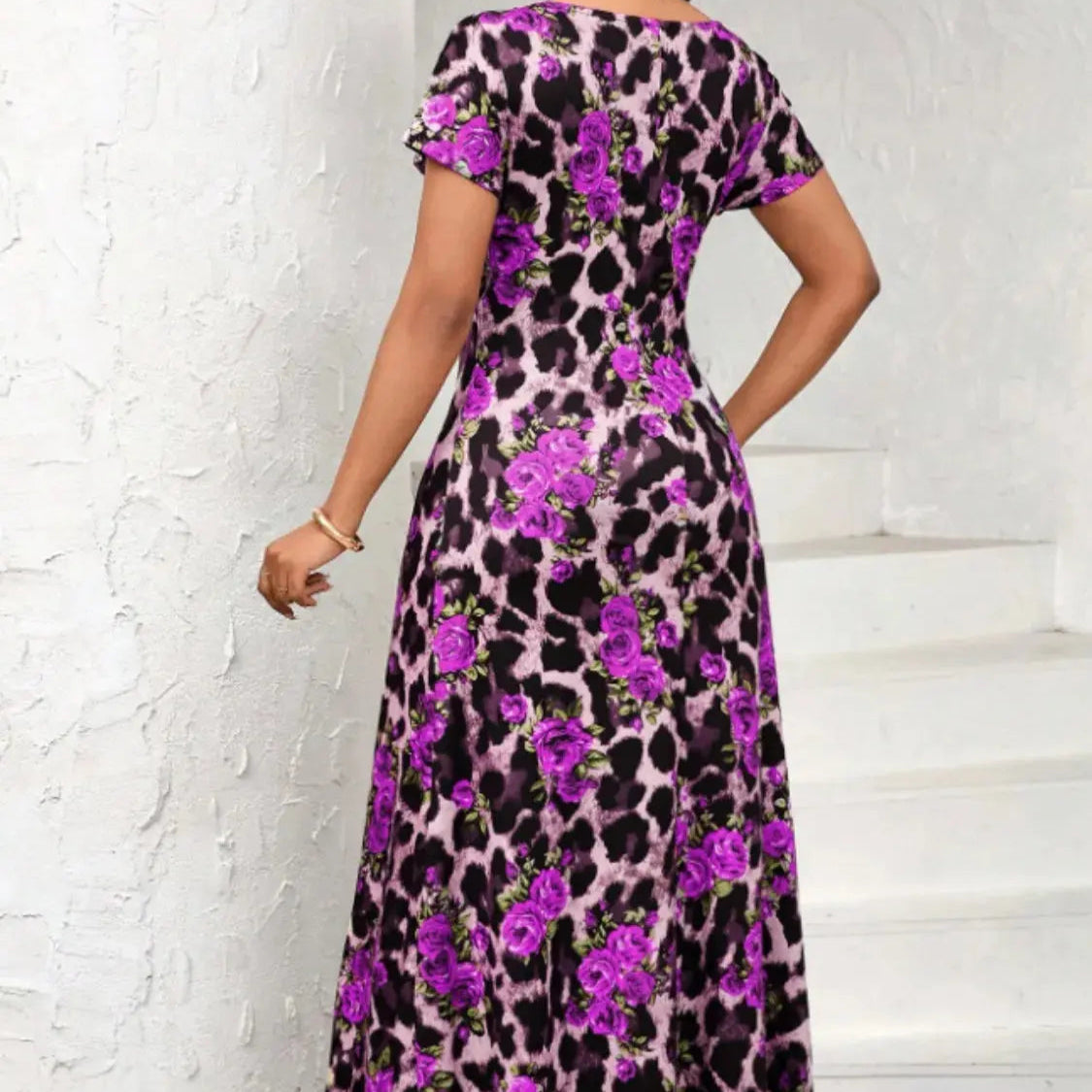 Printed Round Neck Short Sleeve Maxi Tee Dress Trendsi