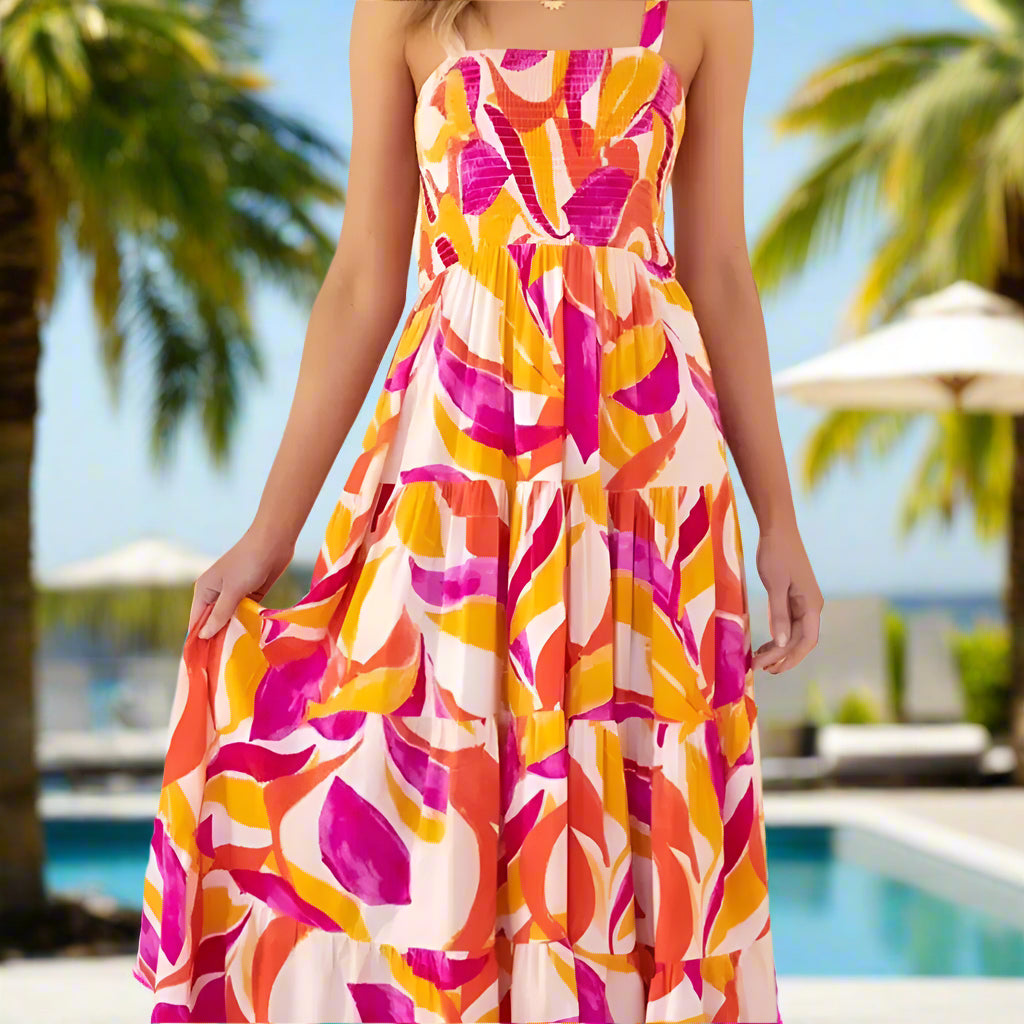 Printed Smocked Square Neck Tiered Sleeveless Dress Trendsi