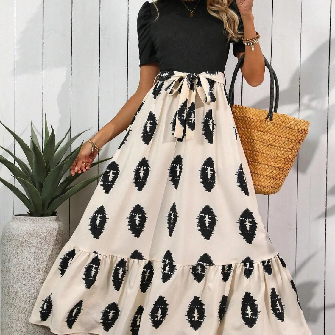Printed Tie Waist Short Sleeve Maxi Dress Trendsi
