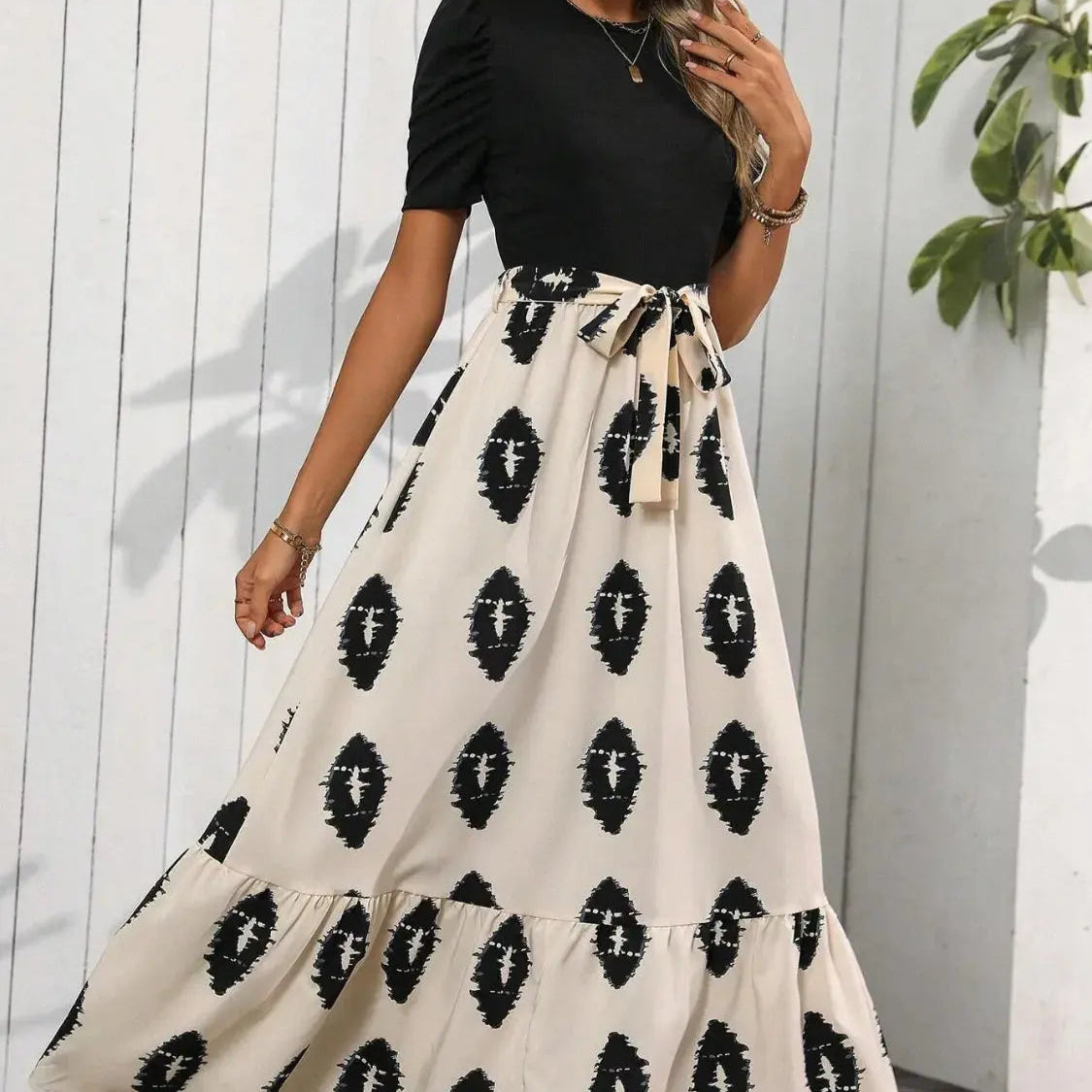 Printed Tie Waist Short Sleeve Maxi Dress Trendsi