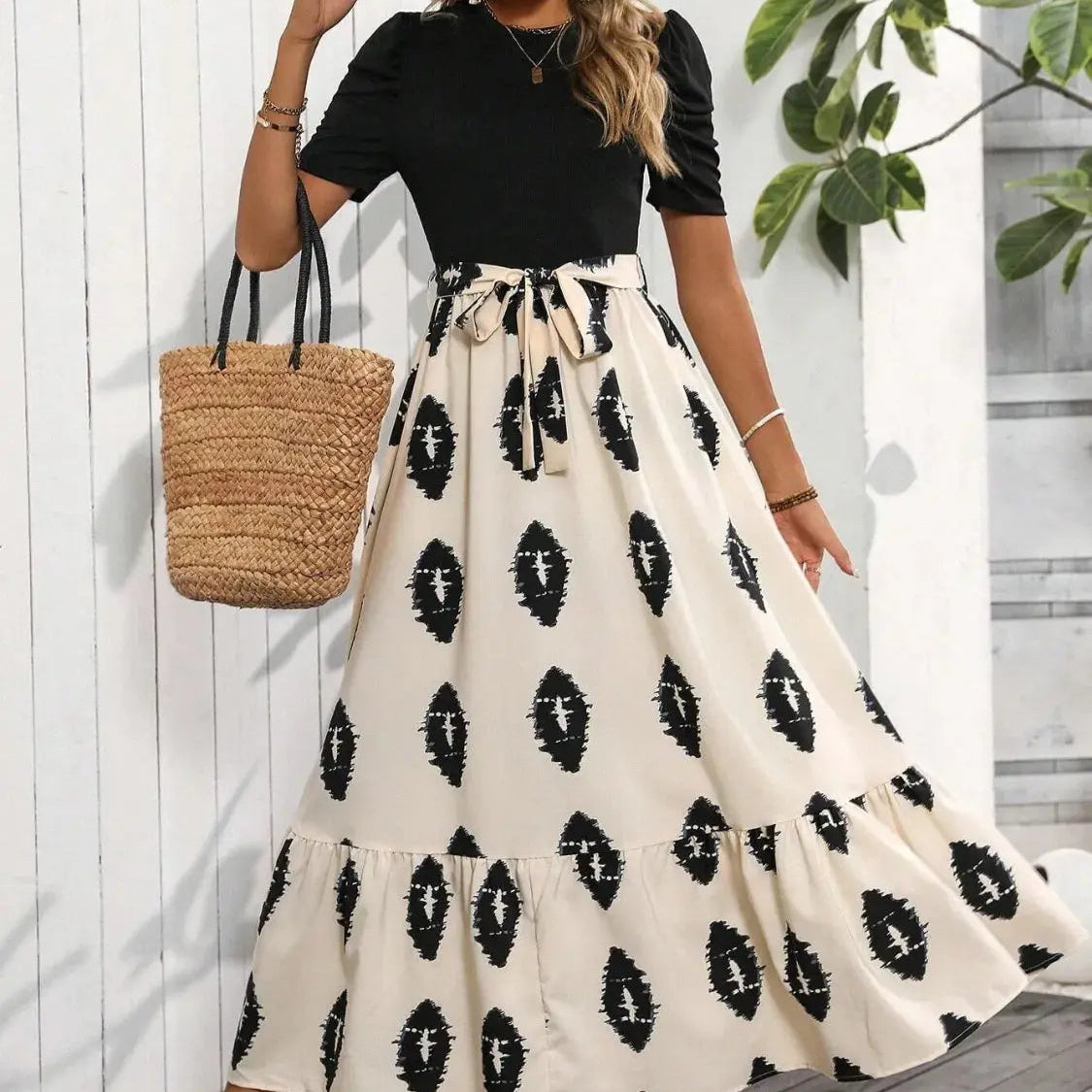 Printed Tie Waist Short Sleeve Maxi Dress Trendsi