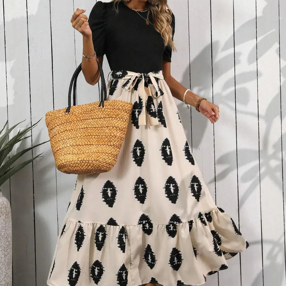 Printed Tie Waist Short Sleeve Maxi Dress Trendsi