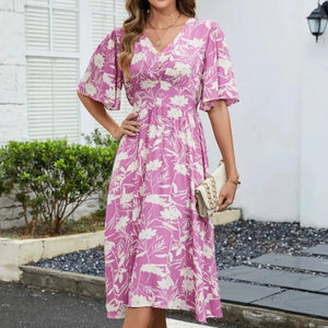 Printed V-Neck Flutter Sleeve Dress Trendsi