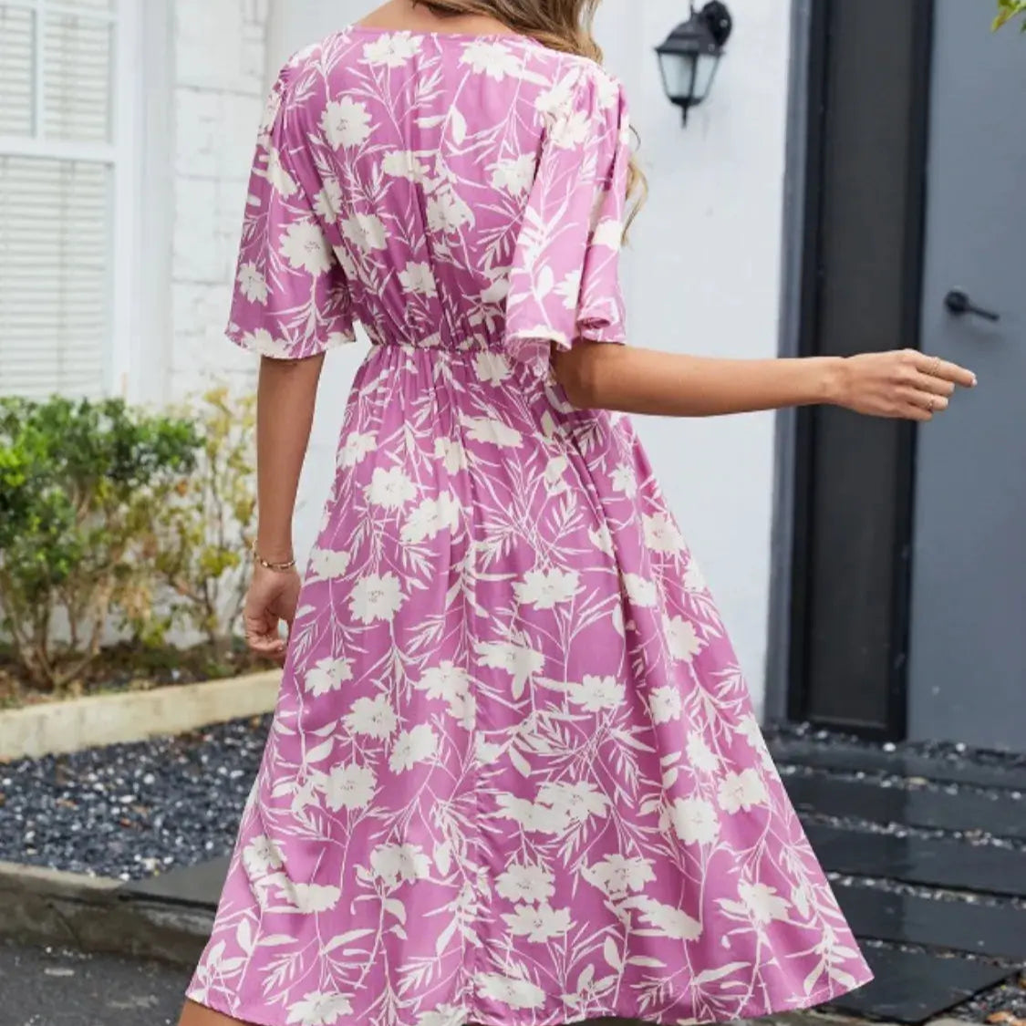 Printed V-Neck Flutter Sleeve Dress Trendsi