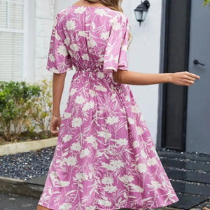 Printed V-Neck Flutter Sleeve Dress Trendsi