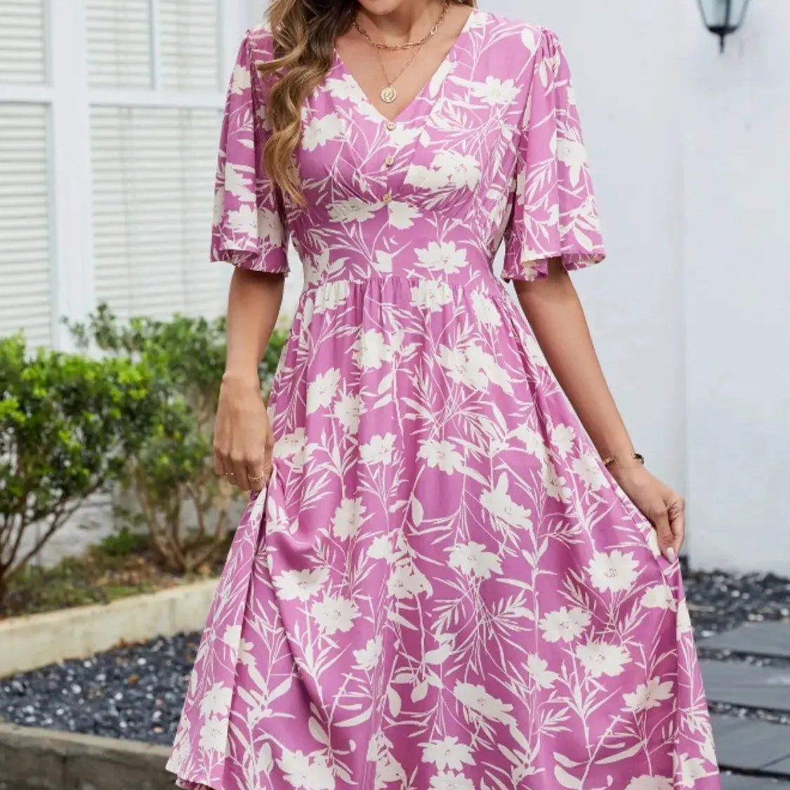 Printed V-Neck Flutter Sleeve Dress Trendsi