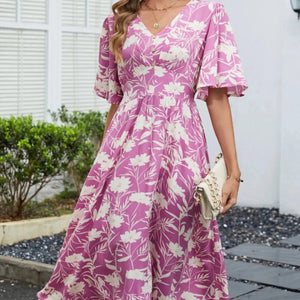 Printed V-Neck Flutter Sleeve Dress Trendsi