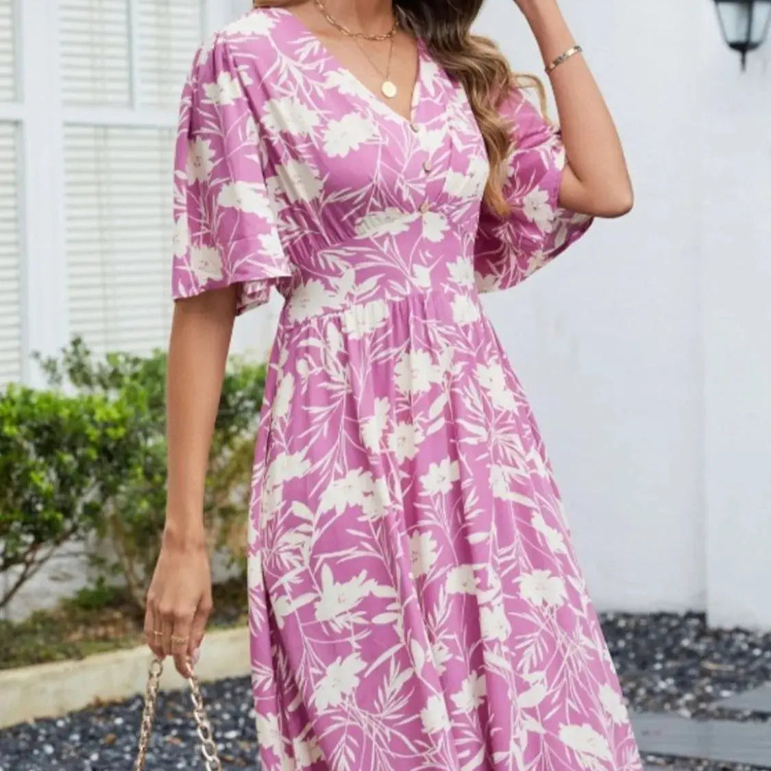 Printed V-Neck Flutter Sleeve Dress Trendsi