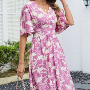 Printed V-Neck Flutter Sleeve Dress Trendsi