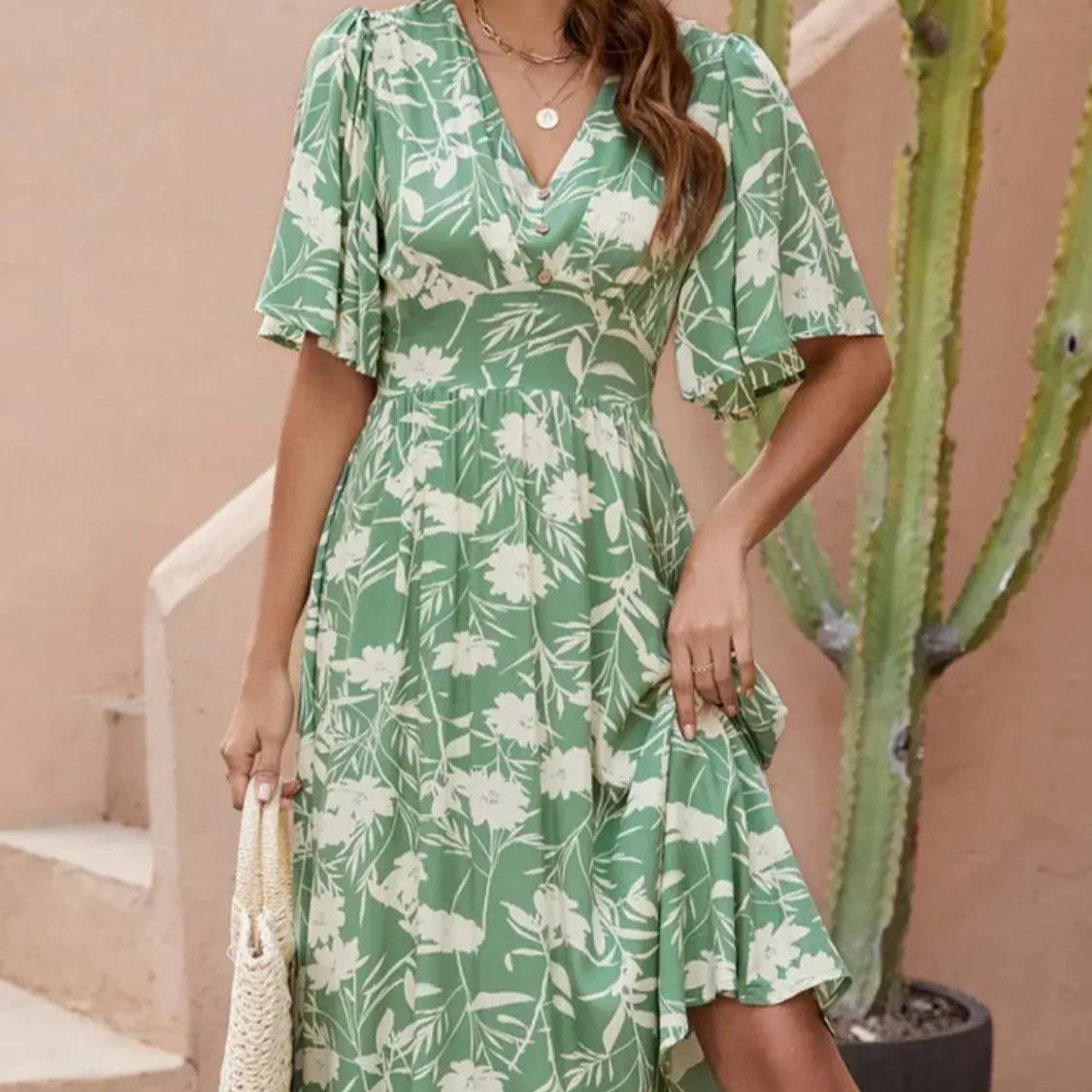 Printed V-Neck Flutter Sleeve Dress Trendsi