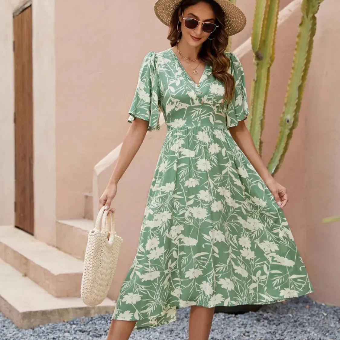 Printed V-Neck Flutter Sleeve Dress Trendsi