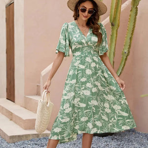 Printed V-Neck Flutter Sleeve Dress Trendsi