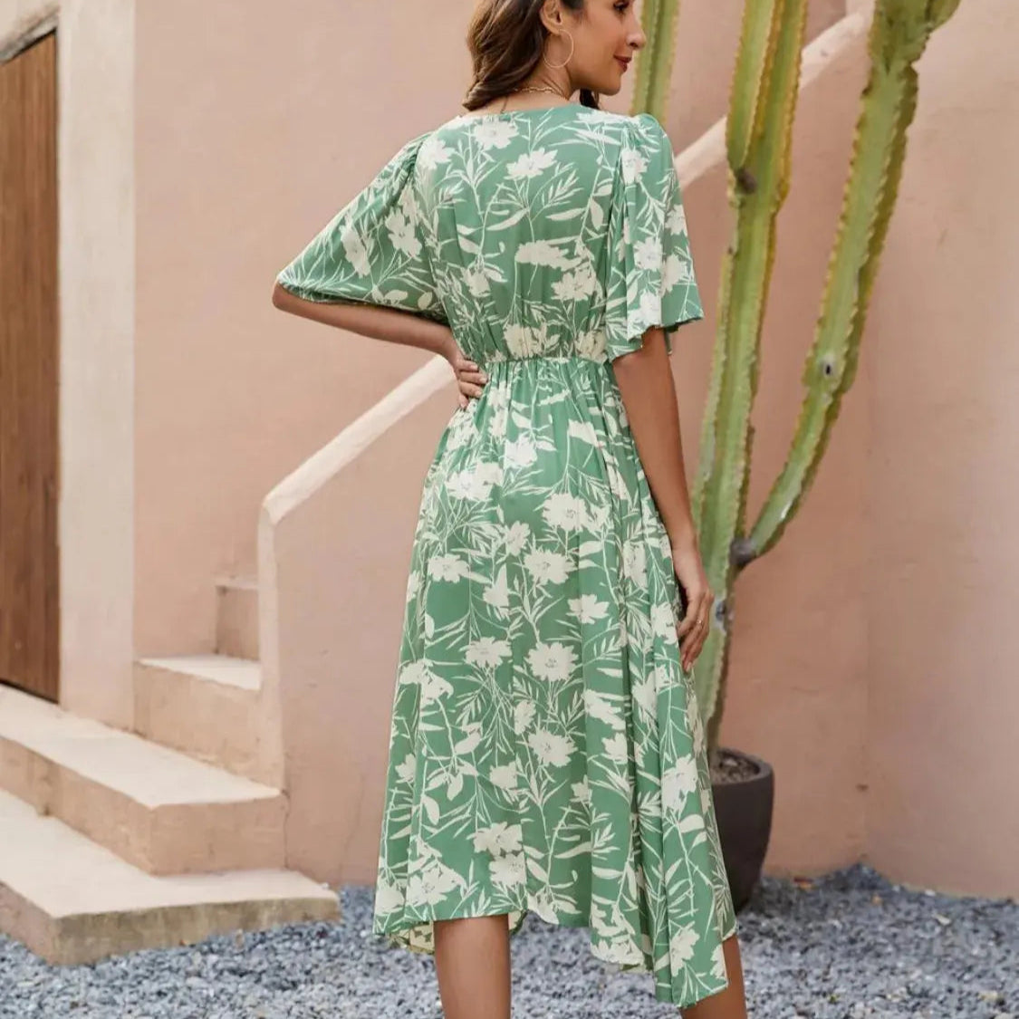 Printed V-Neck Flutter Sleeve Dress Trendsi