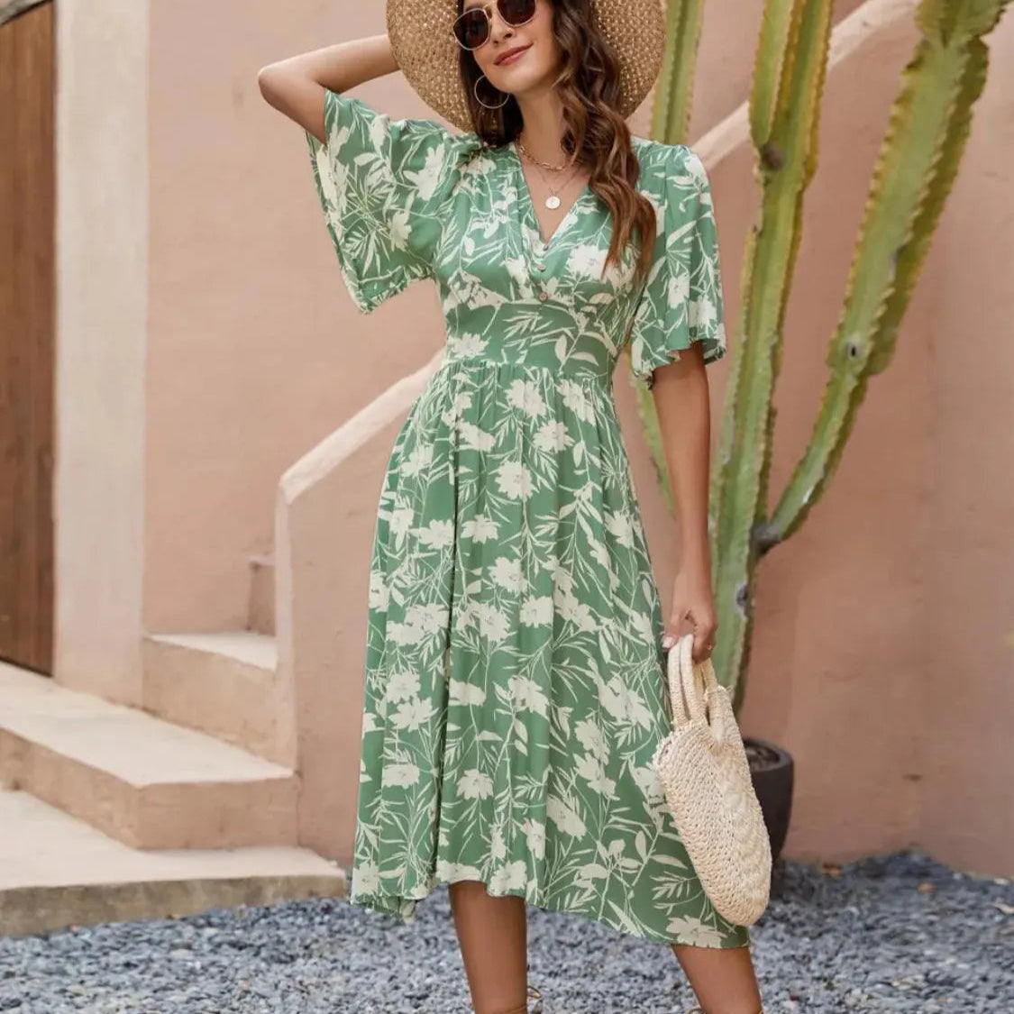Printed V-Neck Flutter Sleeve Dress Trendsi