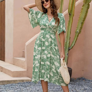 Printed V-Neck Flutter Sleeve Dress Trendsi